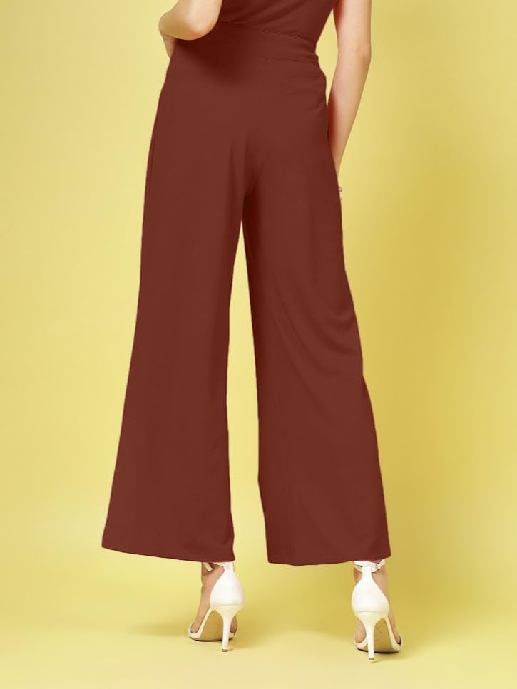 Womens Wide Leg Pants | Solid Brown Stretchable Polyester Trousers | Stylish Korean Clothing | Flared, Straight Fit, Baggy, and