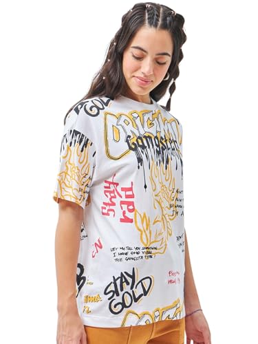 Bewakoof Womens AOP Oversized Half Sleeve Round Neck 100% Cotton T-Shirt_615047_White_S