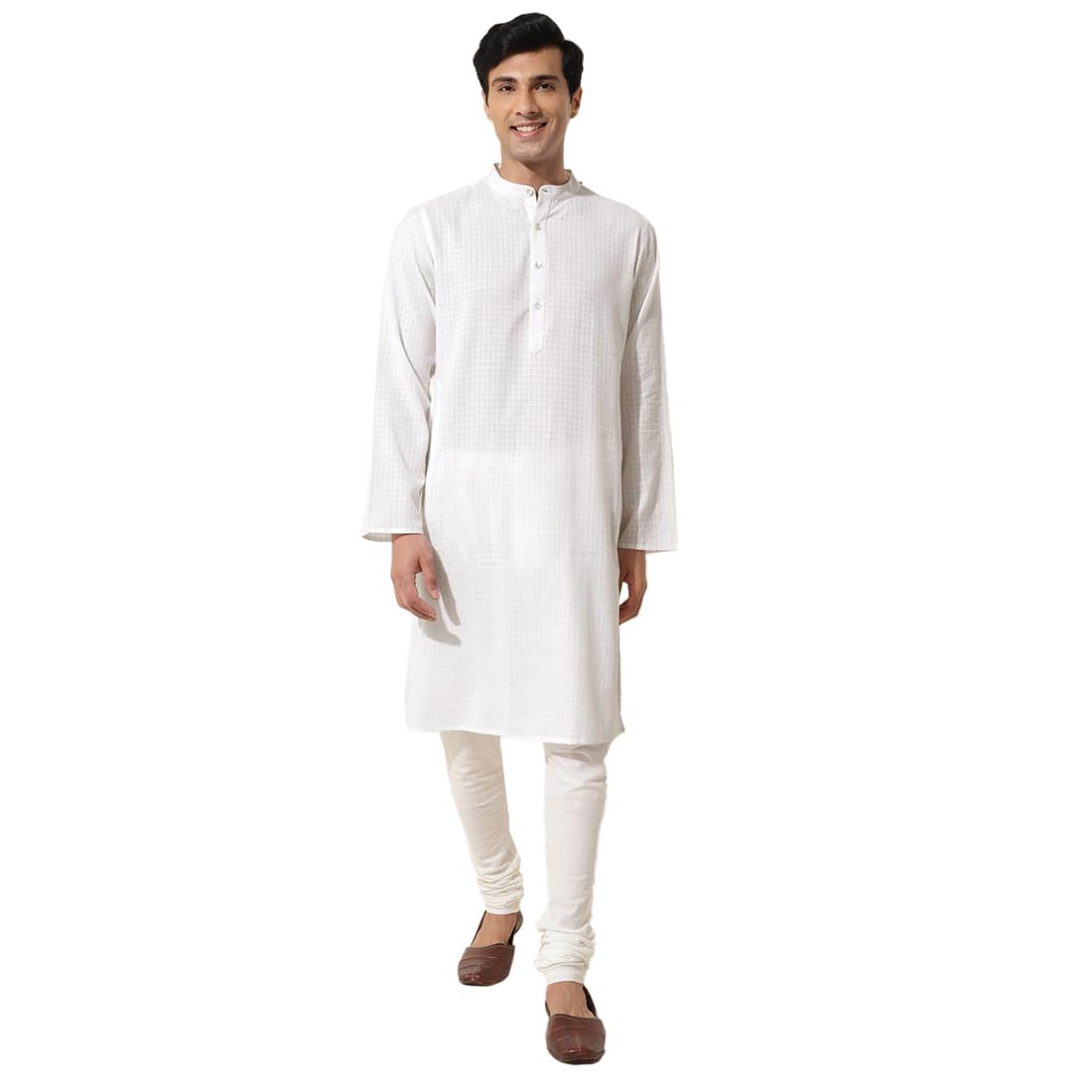 Fabindia MenS Cotton Checkered Slim Kurta (1037105White_White
