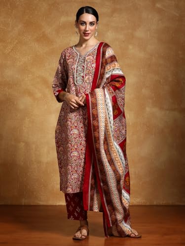 Varanga Women-Zari Detailed Ethnic Floral Printed Kurta With Trouser & Dupatta