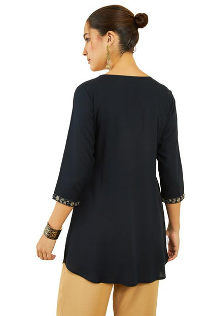 Soch Womens Navy Blue Rayon Floral Embroidered Round-Neck Tunic with Vented Hemline