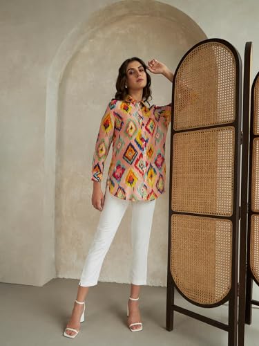 Leriya Fashion Womens Rayon Ikat Printed Casual Shirt Tops for Women Long Cuff Sleeves Collared Neck Button Down Tunic for Outi