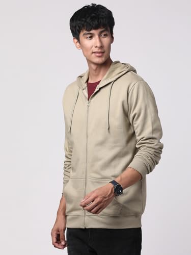 ADRO Mens Cotton Solid Zipper Hoodie Sweatshirts (ZH23-PLN-BE_Beige)