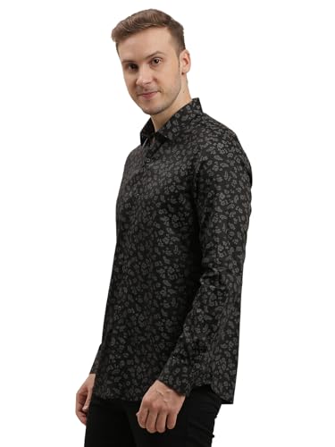 Turtle Men Cotton Tencel Slim Fit Printed Black Party Shirt