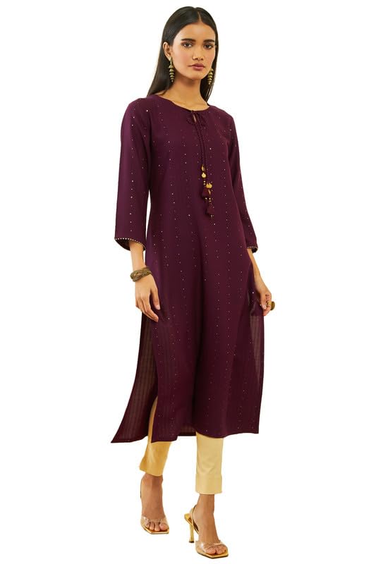 Soch Womens Wine Rayon Sequin Embellished Round-Neck Straight Kurta