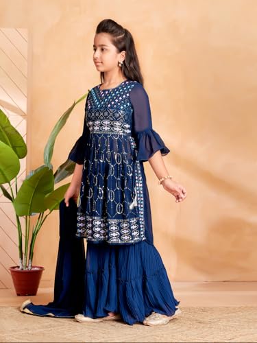 Aarika Girls Ethnic Wear Teal Blue Colour Sequin Thread Embroidery Kurti Sharara Set With Dupatta-(5-11 Years)-(SH-MC-1644-T-BLU
