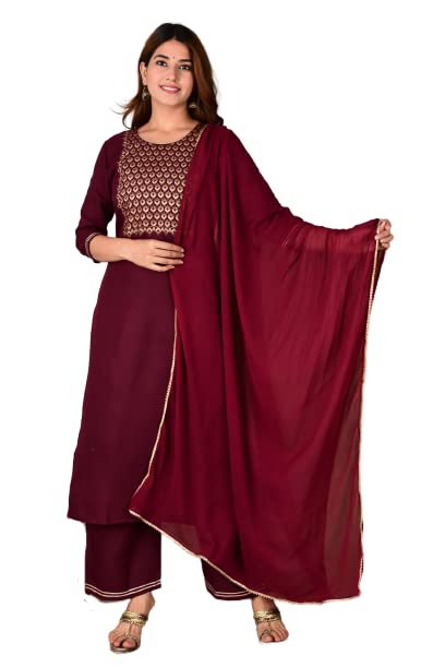 Gosriki WomenS Cotton Straight Solid Kurta With Pant & Dupatta (Pisa New Maroon_M-Go_Maroon_Medium)
