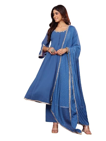 Varanga Women Round Neck Embroidered Anarkali With Tonal Bottom And Dupatta.