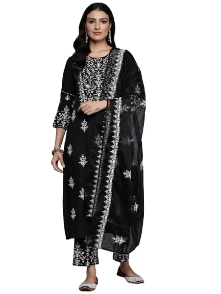 VARANGA Women Black Round Neck Thread Embroidered Kurta Paired With Bottom And Dupatta
