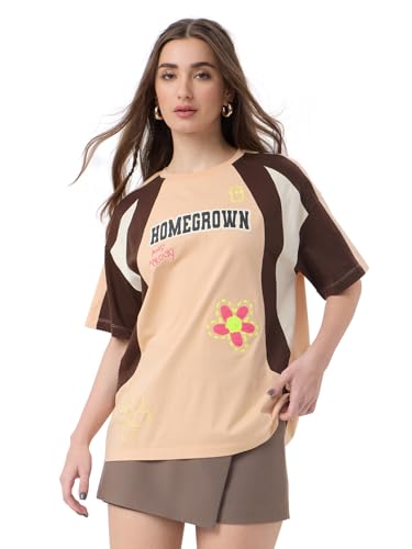 The Souled Store Homegrown Women and Girls Short Sleeves Round Neck Brown Graphic Printed Cotton Oversized T-Shirts