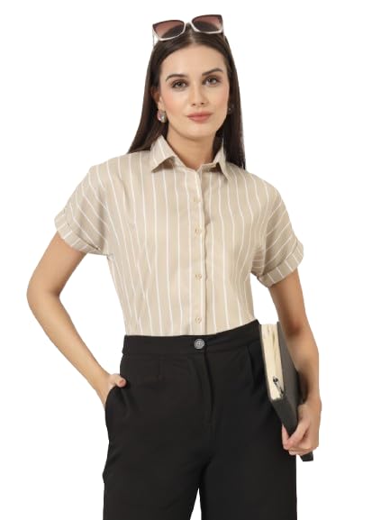 Style Quotient Women Beige and White Stripe Printed Polyester Regular Fit Formal Shirt