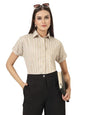Style Quotient Women Beige and White Stripe Printed Polyester Regular Fit Formal Shirt