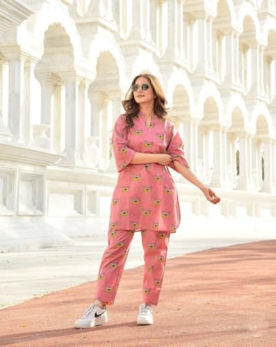 Pujia Mills Co ord Set for Woman Cotton Stylish Printed Ethnic wear Cotton Kurti Pair with V Neck Collor and 3/4 Sleeve Length