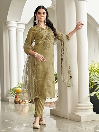 Womanista Women Golden Color Silk Blend Tonal Embroidered Kurta set(Kurtaset_1367_M)