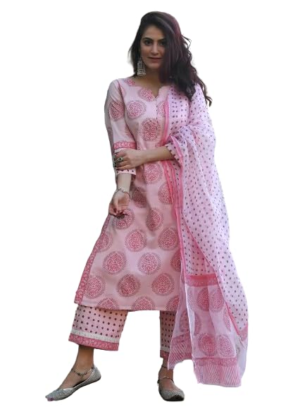 Pinkmint Women Straight Motif Printed Kurta and Pant Set with Dupatta