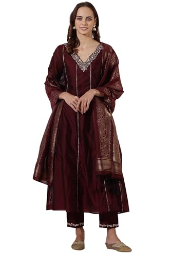 W Maroon A-line Kurta, Straight Pant & Dupatta for Women