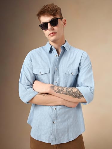 Dennis Lingo Men Blue 100% Cotton Full Sleeve Spread Collar Self Design Shirts