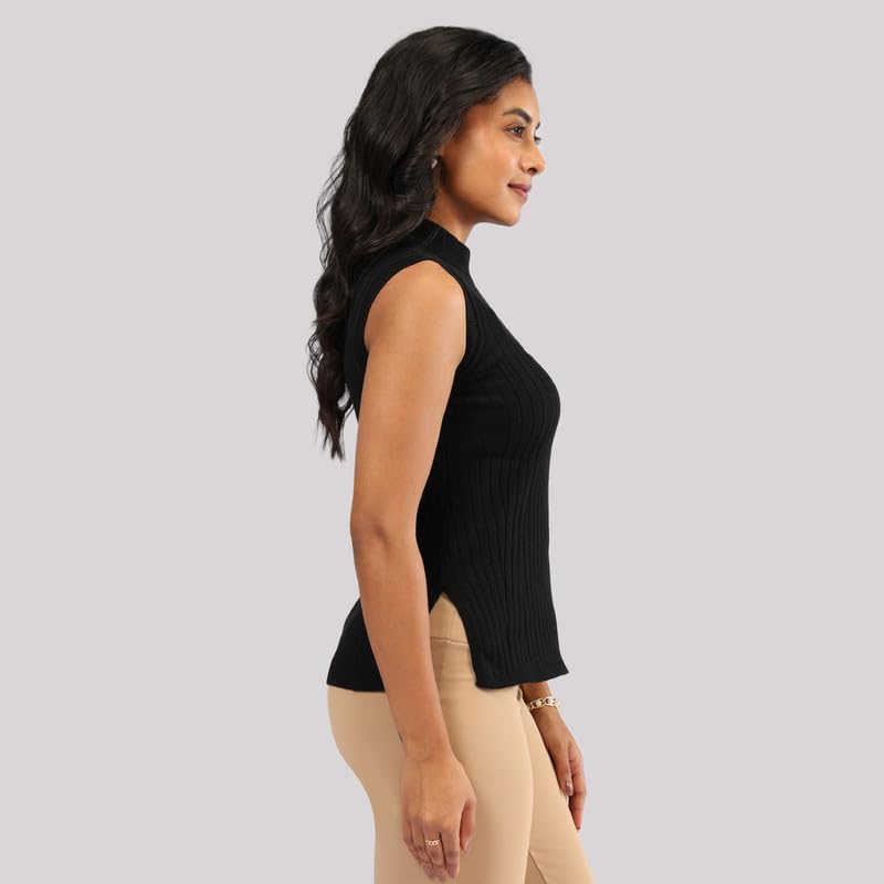 BlissClub Move All Day Sleeveless Top, 100% Cotton,Turtleneck Collar,High Side Slits,Versatile
