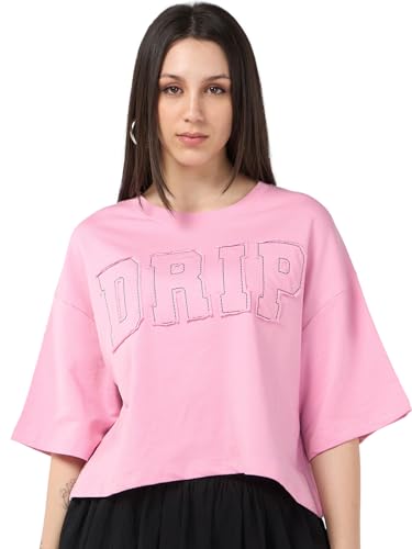 Bewakoof WomenS Applique Oversized Fit Half Sleeve Round Neck Pure Cotton Crop T-Shirt_683792_Pink_2Xl