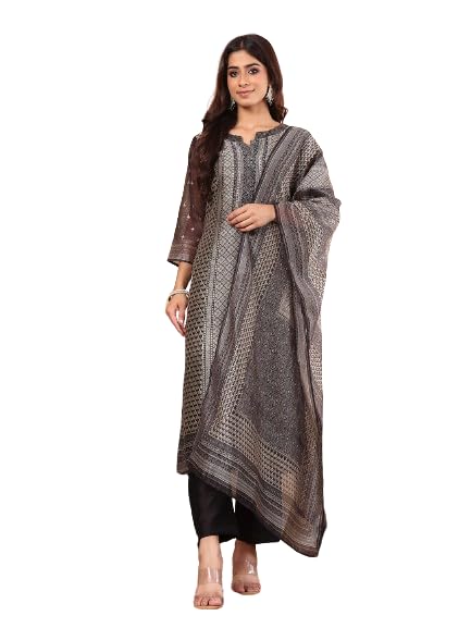 Varanga Women Blue V-Neck, Gathered Details, Flared Sleeves A-Line Kurta Paired With Bottom And Tonal Dupatta