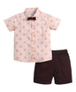 BUMZEE Baby Boys Cotton Woven Half Sleeves Animal Print Shirt & Short Set With Detachable Bow Peach & Brown - 12-18 Months (Peb1