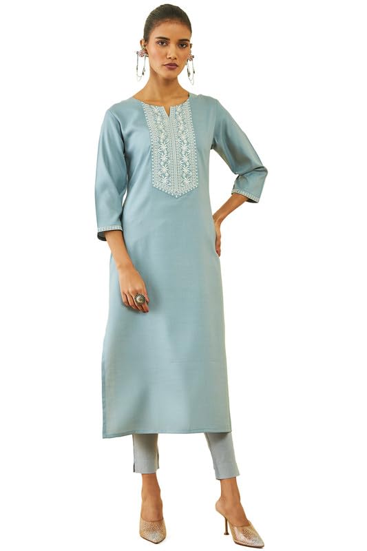 Soch Womens Pink Rayon Floral Embroidered Yoke Straight Kurta with Pocket
