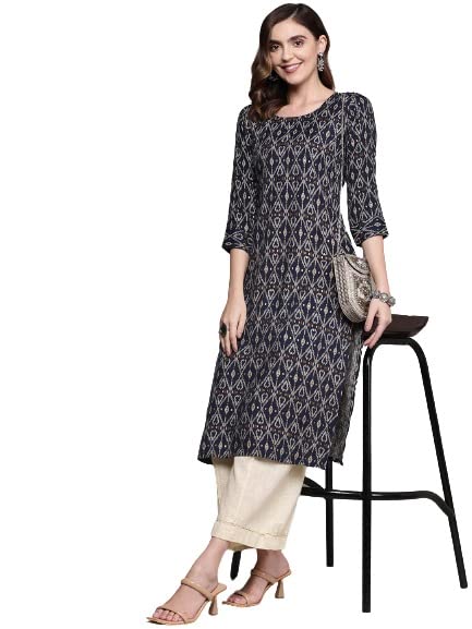 anubhutee Women's Rayon Navy Blue Ethnic Motifs Printed Straight Kurta