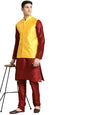 SOJANYA (Since 1958 Men's Silk Blend Maroon Kurta & Churidaar Pyjama With Mirror Work Nehru jacket Set