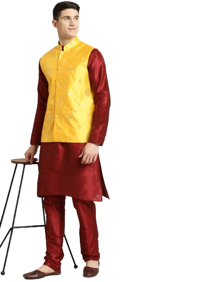 SOJANYA (Since 1958 Men's Silk Blend Maroon Kurta & Churidaar Pyjama With Mirror Work Nehru jacket Set