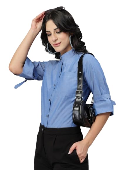 Style Quotient Women Solid Blue Chambray Cotton Formal Shirt