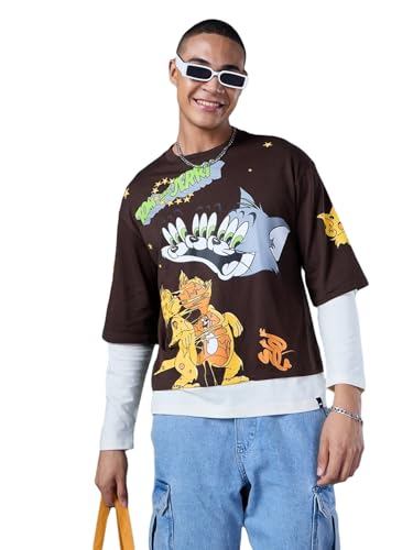 Bewakoof Official Tom & Jerry Merchandise Men Graphic Print Oversized Fit Full Sleeve Round Neck Cotton T-Shirt_604518_Brown_S
