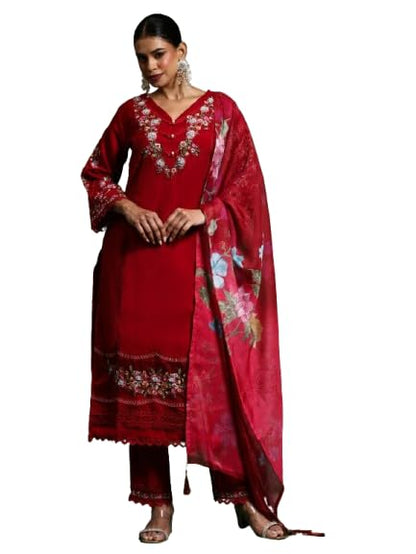 Varanga Women Floral Heavy Thread Embroidered Schffili Hem Kurta With Trouser & Dupatta