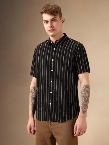 Dennis Lingo Men Black Polycotton Dobby Half Sleeve Spread Collar Stripes Shirts