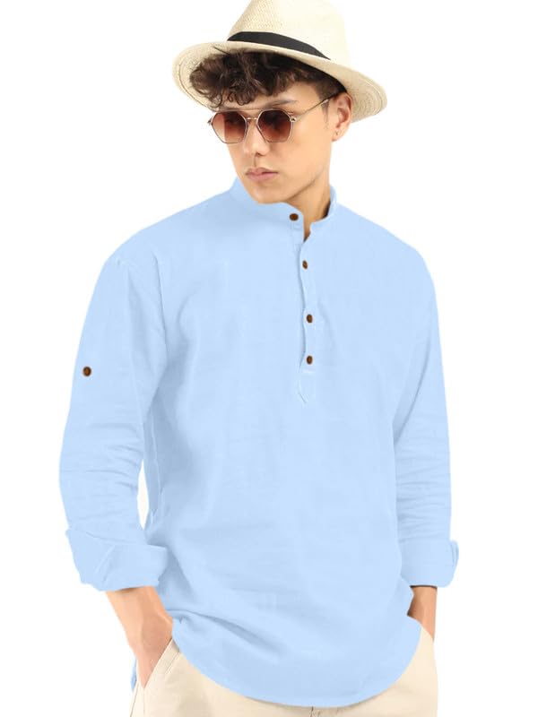 Macsivo MenS Cotton Polyester Blend Solid Regular Fit Full Sleeve Short Kurta Sky