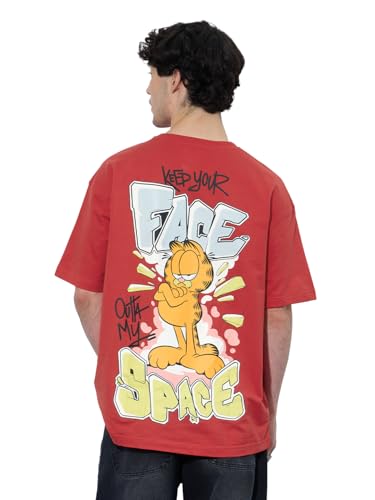 The Souled Store Looney Tunes: Garfield Face Outta My Space Men and Boys Short Sleeves Round Neck Red Graphic Printed Cotton Ove