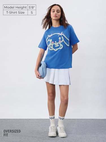 The Souled Store Hello Kitty Cinnamoroll: Women and Girls Short Sleeves Round Neck Blue Cotton Lightweight Streetwear Toweling E