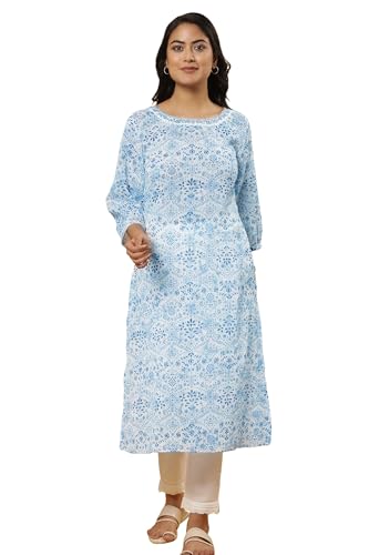 W for Woman White Floral Print Cotton Straight Kurta