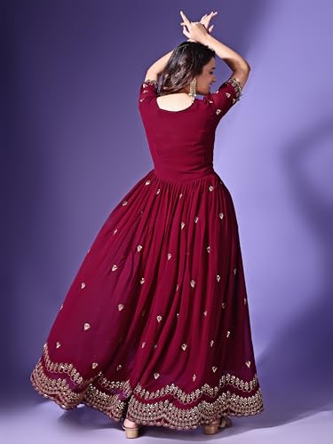 Fashion Basket Georgette Embroidered Long Gown For Women Maroon