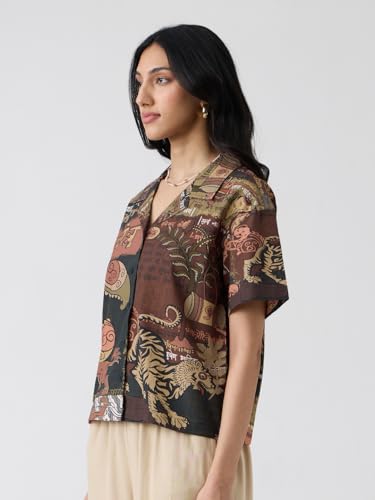 The Souled Store Panchatantra Women and Girls Short Sleeves Collared Neck Button Front Brown All Over Printed Oversized Fit Cott
