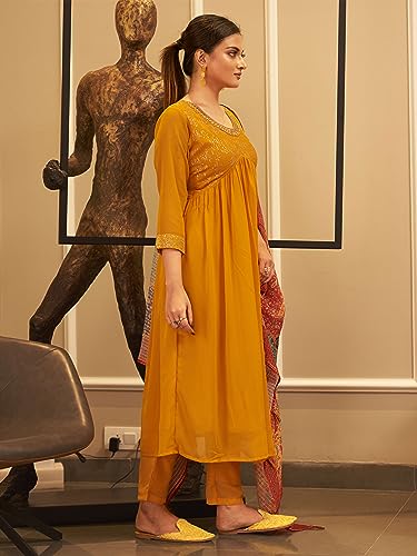 Womanista Women's Georgette Mustard Sequins with Mirror Work Alia Cut Kurta