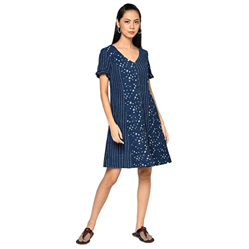 Fabindia WomenS Abstract Blue Cotton Linen V-Neck Short Dress Knee-Length 200002001