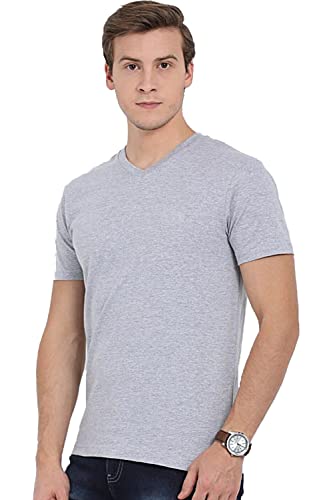 ADRO Men's V Neck Solid Cotton T-Shirt (VN-M-PLN-GR_Grey)