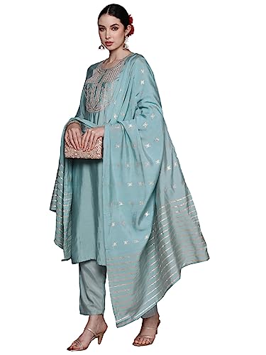 anubhutee Women's Silk Blend Embroidered Blue Straight Kurta Suit Set with Pants
