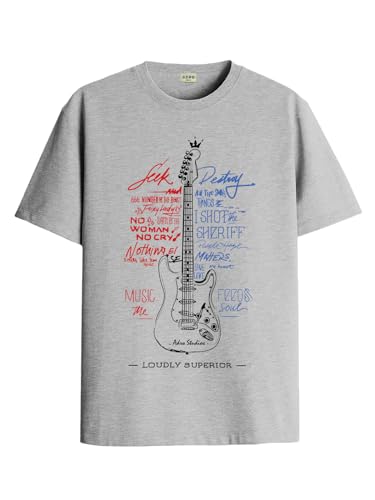 ADRO Guitar Design Printed T-Shirt for Men - 100% Cotton, Regular Fit, Soft Breathable Fabric | RN23-M-GTR-GR-XL Grey