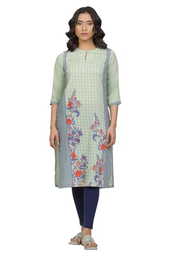 W for Woman Green Floral Print Polyester Straight Kurta Set with Tight