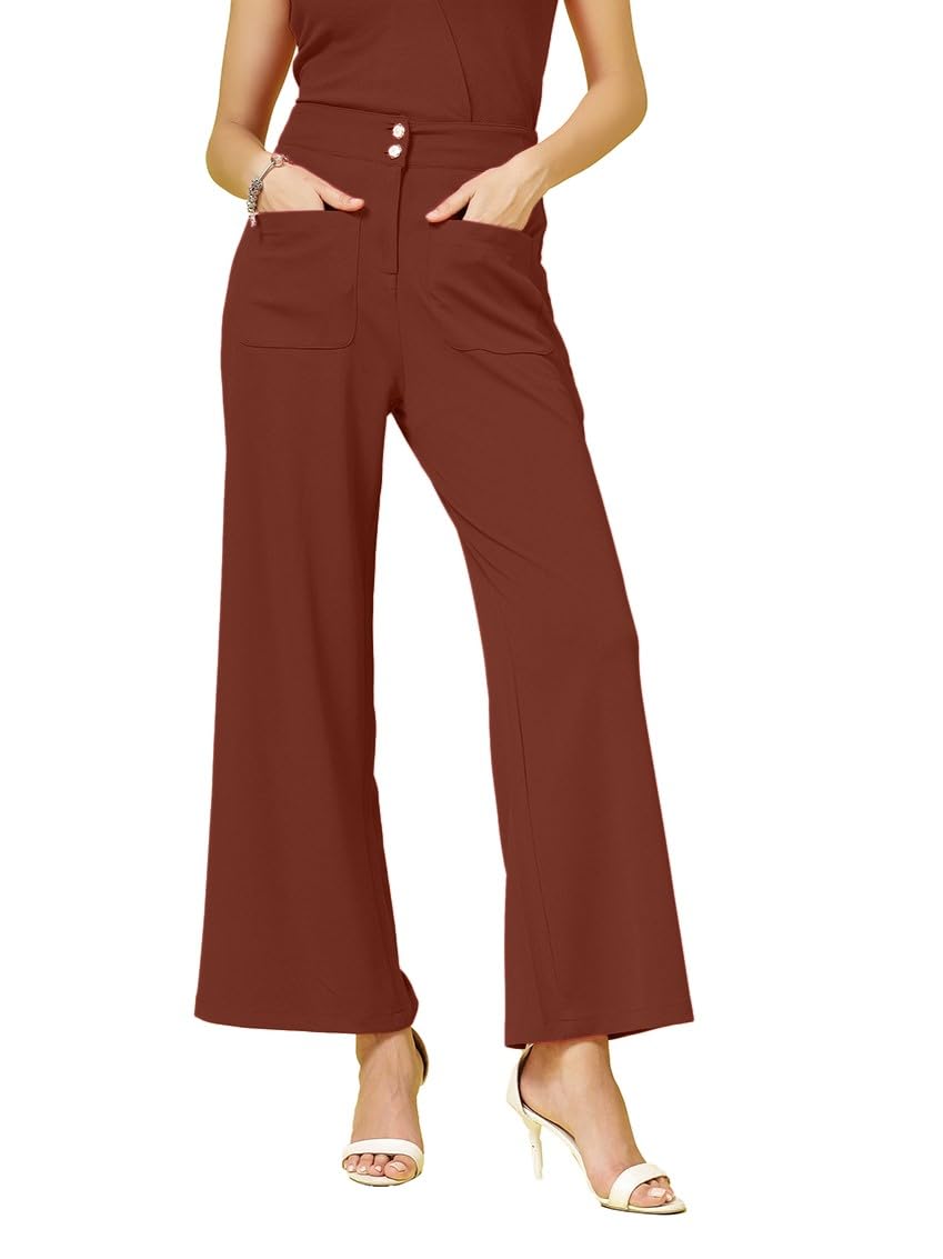 Womens Wide Leg Pants | Solid Brown Stretchable Polyester Trousers | Stylish Korean Clothing | Flared, Straight Fit, Baggy, and