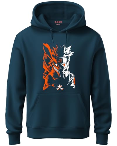 ADRO Mens Hoodies with Naruto Uzumaki Anime Printed, 100% Cotton 340GSM Warm & Soft Fabric. (H23-M-NRR-SB_Teal_XL)