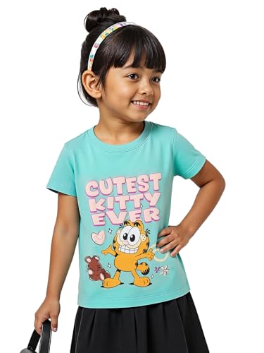 The Souled Store Official Garfield : Cutest Kitty Girls Short Sleeves Round Neck Graphic Printed Regular Fit Cotton T-Shirts Blu