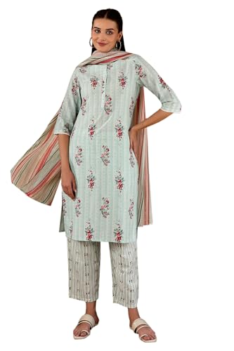 W Womens Light Green Floral Printed Cotton Kurta Dupatta Bottomwear with Lace