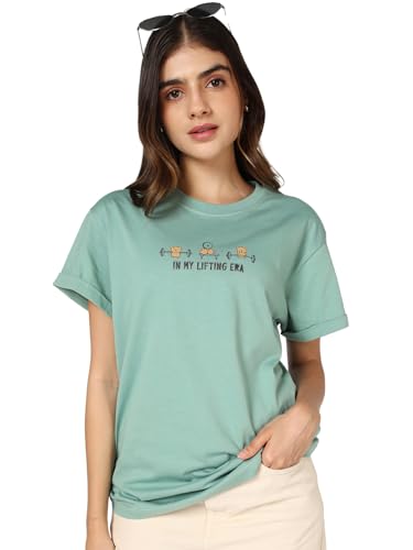 Bewakoof WomenS Graphic Printed Boyfriend Fit Half Sleeve Round Neck Pure Cotton T-Shirt_694474_Green_2Xl